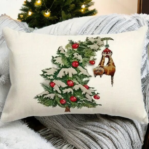 Christmas Pillow Cover Holiday Accent Tree Cat Decor Decorative Case Decoration - Picture 3 of 5